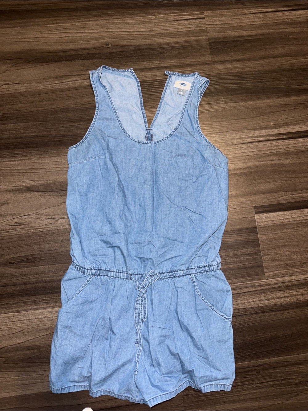Light Blue Denim Romper for women - Casual Drawstring Shorts